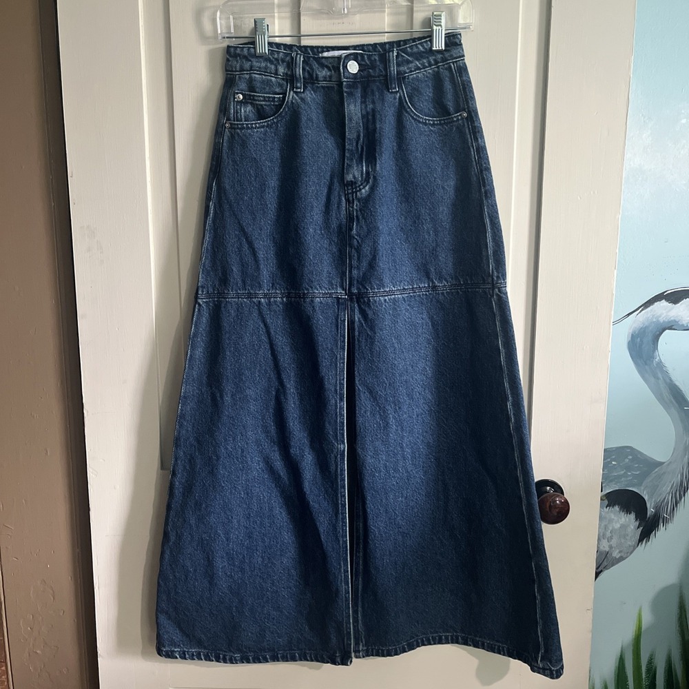 Women's Maxi Denim Skirt Jean A-line Front Slit Size 23 Western Boho Retro